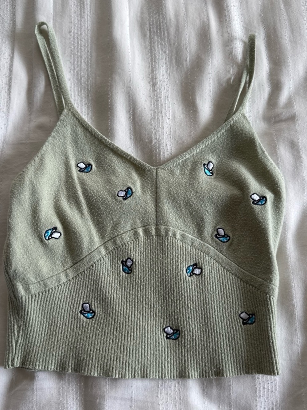 La Hearts Sage Green Embroidered Spaghetti Strap Crop Top